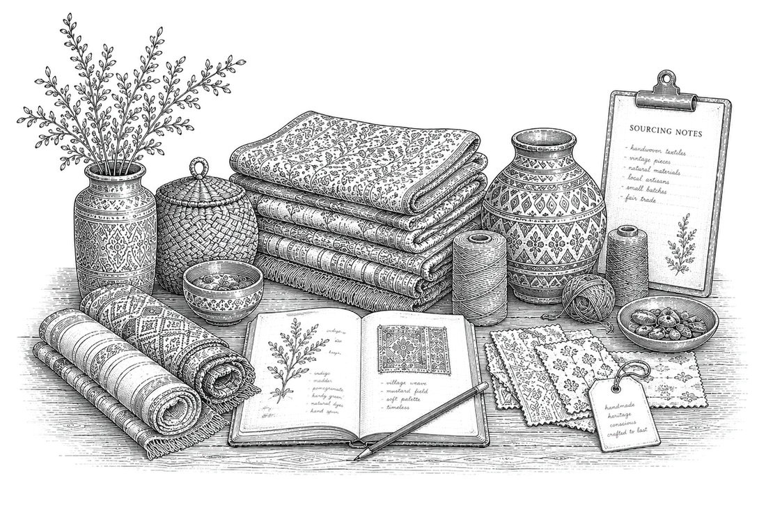 A tabletop of sourcing notes, folded textiles, pottery and thread