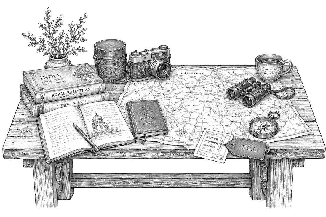 A travel table with a map of Rajasthan, camera, journal and compass