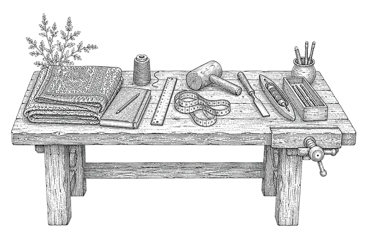 A workbench spread with tools, textiles and a potted sprig